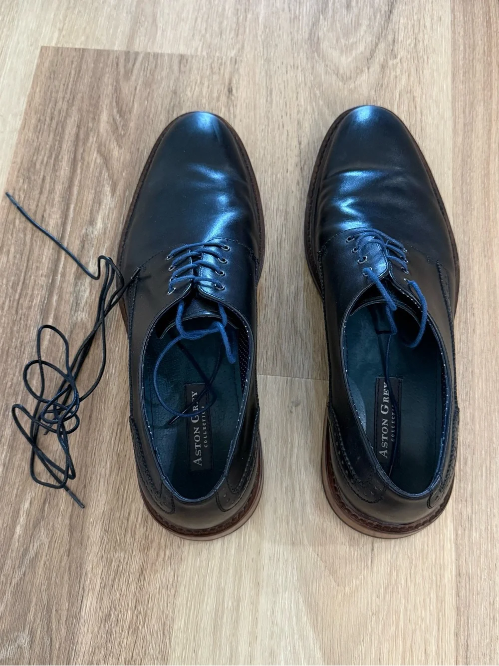 Aston Grey Black Leather Derby Shoes with Blue Accents